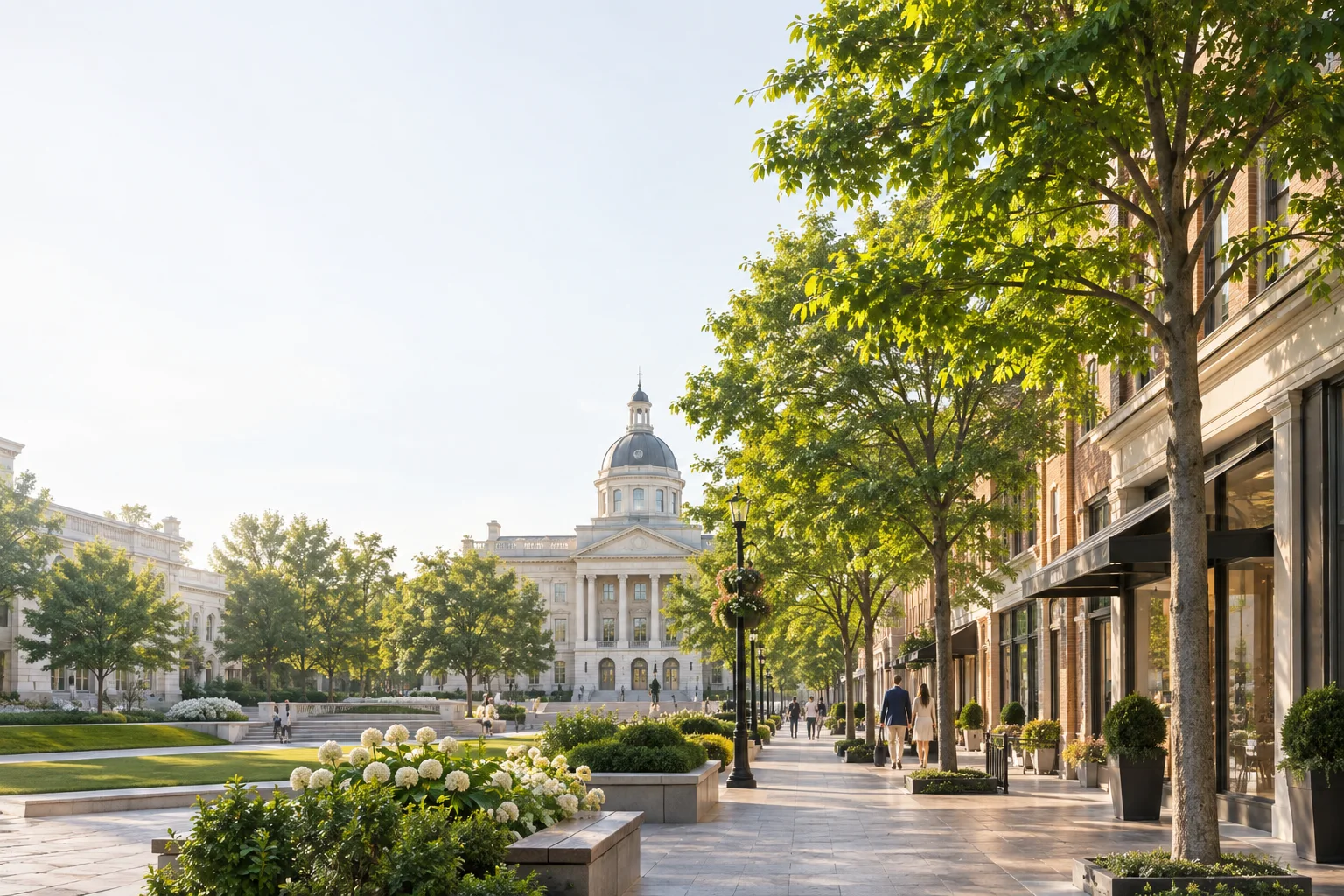 Illustrative town center with civic buildings, local shops, and green public spaces